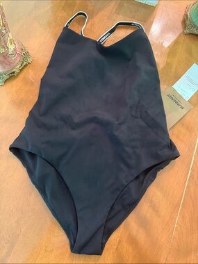 Burberry Black Logo-Trim One-Piece Swimsuit size Medium
